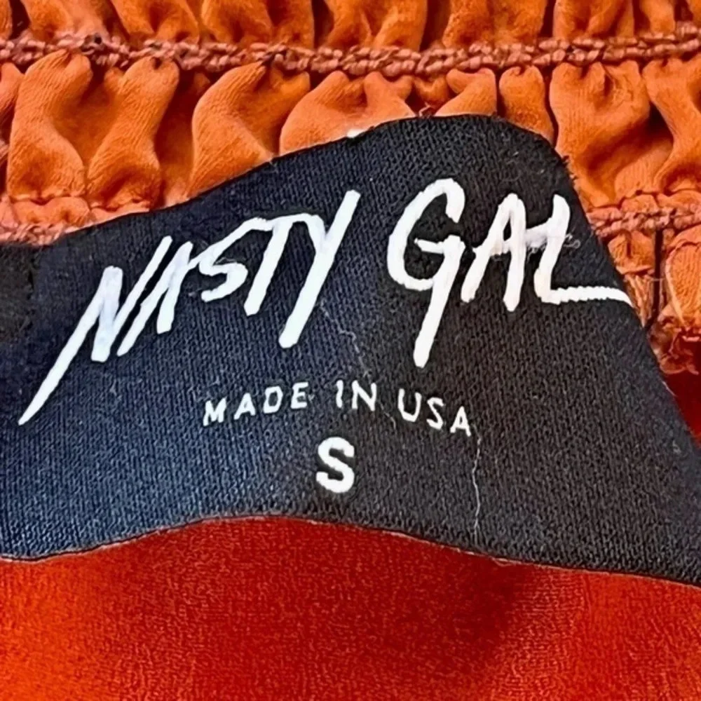 Nasty Gal Rust Orange Off Shoulder Mini Dress Long Sleeve Smocked Boho S Festive - Picture 8 of 11